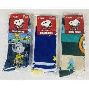 New Peanuts Cartoon Crew Socks Adult Shoe Size 6-13 Novelty Fun Set of 3 Pairs